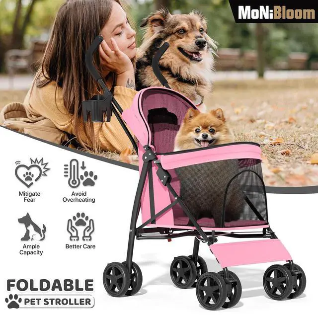 Alt view image 2 of 7 - 4 Wheels Pet Stroller, Easy-Fold Puppy Cage Jogger Stroller with Sun Cover, Pad and Rear Storage Bag, Breathable and Visible Mesh for Small/Medium Pets up to 22 lbs, Pink