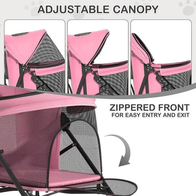 Alt view image 4 of 7 - 4 Wheels Pet Stroller, Easy-Fold Puppy Cage Jogger Stroller with Sun Cover, Pad and Rear Storage Bag, Breathable and Visible Mesh for Small/Medium Pets up to 22 lbs, Pink