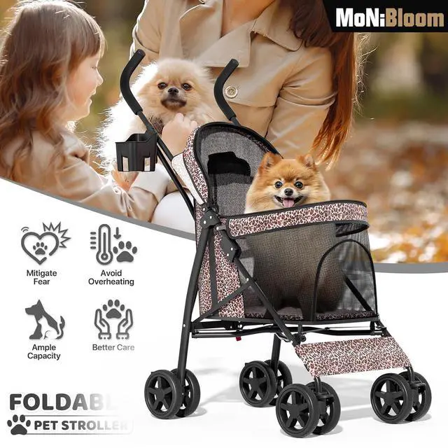 Alt view image 2 of 7 - 4 Wheels Pet Stroller, Easy-Fold Umbrella Shaped Dog Cat Jogger Stroller w/Storage Bag & Visible Mesh for Small/Medium Dogs Cats Leopard Print