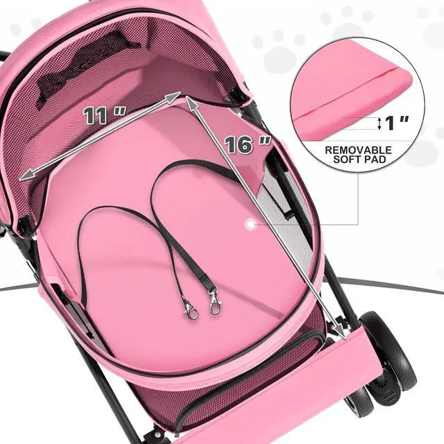 Alt view image 6 of 7 - 4 Wheels Pet Stroller, Easy-Fold Puppy Cage Jogger Stroller with Sun Cover, Pad and Rear Storage Bag, Breathable and Visible Mesh for Small/Medium Pets up to 22 lbs, Pink