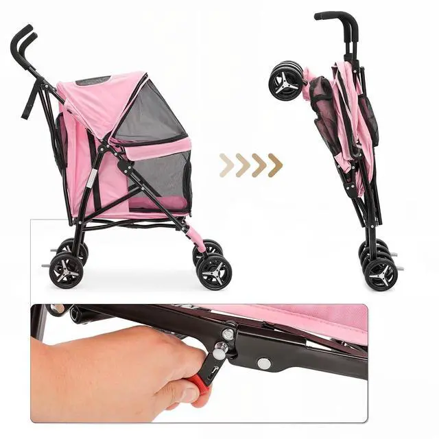 Alt view image 7 of 7 - 4 Wheels Pet Stroller, Easy-Fold Puppy Cage Jogger Stroller with Sun Cover, Pad and Rear Storage Bag, Breathable and Visible Mesh for Small/Medium Pets up to 22 lbs, Pink