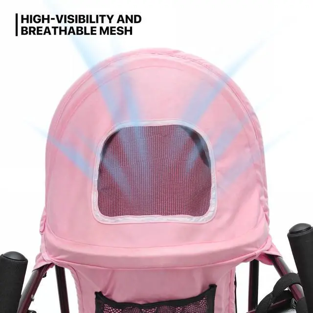 Alt view image 5 of 7 - 4 Wheels Pet Stroller, Easy-Fold Puppy Cage Jogger Stroller with Sun Cover, Pad and Rear Storage Bag, Breathable and Visible Mesh for Small/Medium Pets up to 22 lbs, Pink