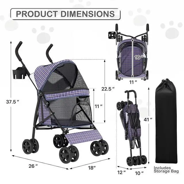 Alt view image 2 of 7 - 4 Wheels Pet Stroller, Easy-Fold Umbrella Shaped Dog Cat Jogger Stroller w/Storage Bag & Visible Mesh for Small/Medium Dogs Cats Plaid