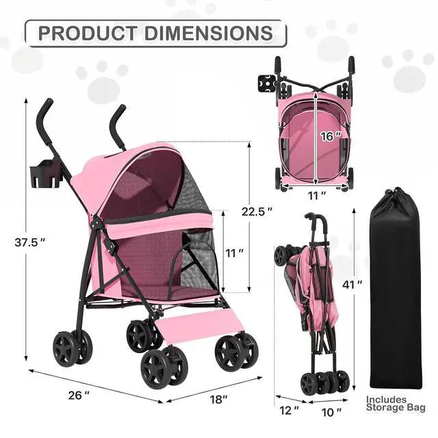Alt view image 3 of 7 - 4 Wheels Pet Stroller, Easy-Fold Puppy Cage Jogger Stroller with Sun Cover, Pad and Rear Storage Bag, Breathable and Visible Mesh for Small/Medium Pets up to 22 lbs, Pink