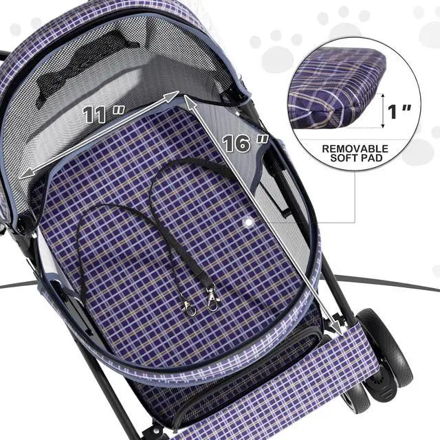 Alt view image 4 of 7 - 4 Wheels Pet Stroller, Easy-Fold Umbrella Shaped Dog Cat Jogger Stroller w/Storage Bag & Visible Mesh for Small/Medium Dogs Cats Plaid