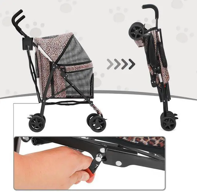 Alt view image 6 of 7 - 4 Wheels Pet Stroller, Easy-Fold Umbrella Shaped Dog Cat Jogger Stroller w/Storage Bag & Visible Mesh for Small/Medium Dogs Cats Leopard Print