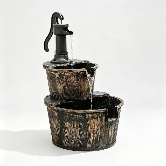 Main image of Outdoor Water Fountains, 27" Tall 2-Tier Barrel and Pump Waterfall Fountain and Pump for Outdoor Patio Garden Backyard Decking, 11 L Water Capacity, Bronze