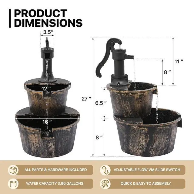 Alt view image 2 of 7 - Outdoor Water Fountains, 27" Tall 2-Tier Barrel and Pump Waterfall Fountain and Pump for Outdoor Patio Garden Backyard Decking, 11 L Water Capacity, Bronze