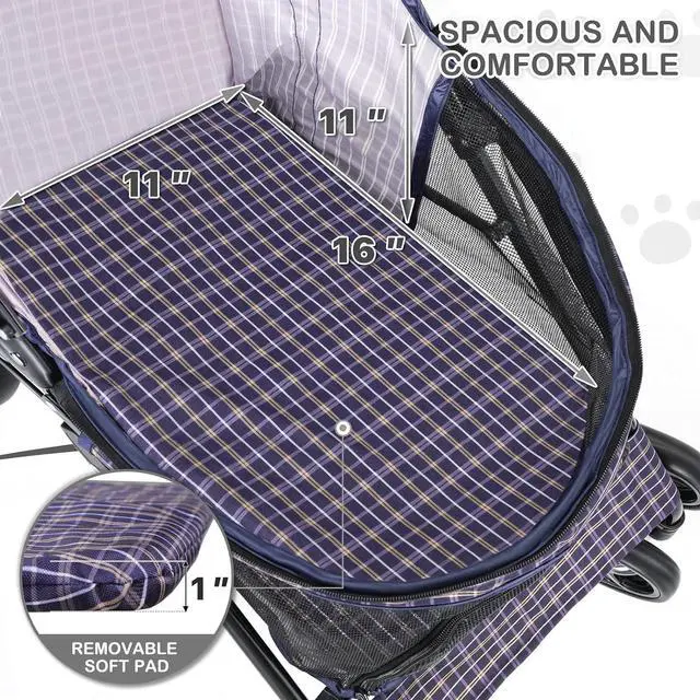 Alt view image 5 of 7 - 4 Wheels Pet Stroller, Easy-Fold Umbrella Shaped Dog Cat Jogger Stroller w/Storage Bag & Visible Mesh for Small/Medium Dogs Cats Plaid