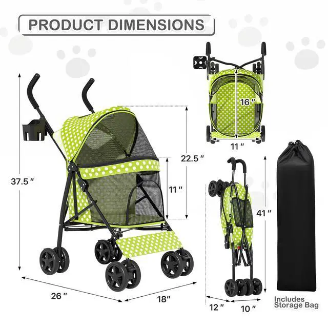 Alt view image 2 of 7 - 4 Wheels Pet Stroller, Easy-Fold Umbrella Shaped Dog Cat Jogger Stroller w/Storage Bag & Visible Mesh for Small/Medium Dogs Cats Lawn Green Polka Dots
