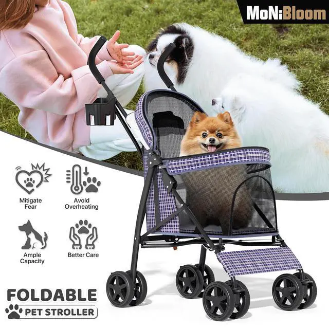 Alt view image 6 of 7 - 4 Wheels Pet Stroller, Easy-Fold Umbrella Shaped Dog Cat Jogger Stroller w/Storage Bag & Visible Mesh for Small/Medium Dogs Cats Plaid