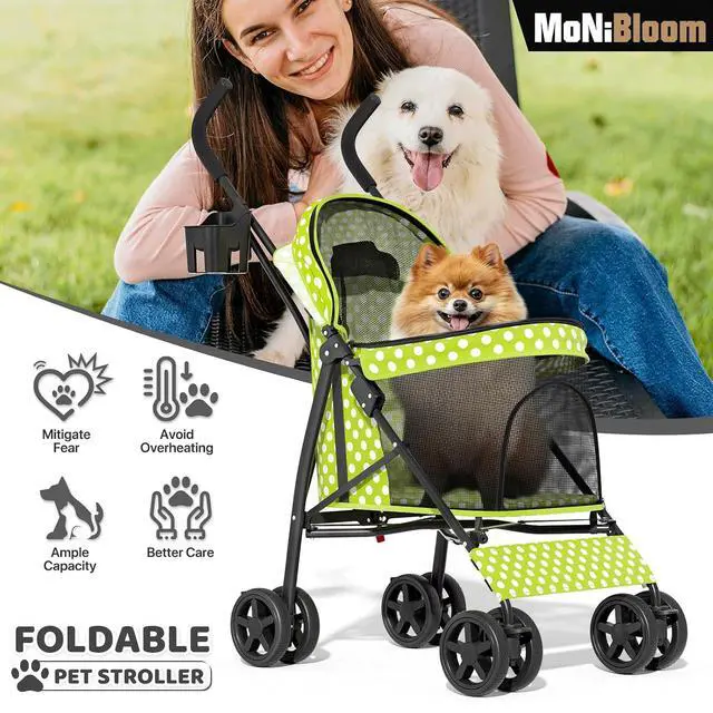 Alt view image 6 of 7 - 4 Wheels Pet Stroller, Easy-Fold Umbrella Shaped Dog Cat Jogger Stroller w/Storage Bag & Visible Mesh for Small/Medium Dogs Cats Lawn Green Polka Dots