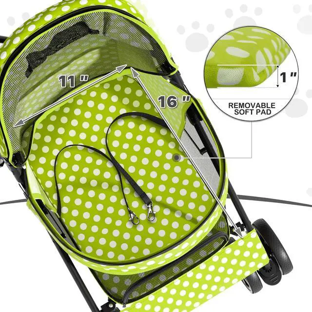 Alt view image 3 of 7 - 4 Wheels Pet Stroller, Easy-Fold Umbrella Shaped Dog Cat Jogger Stroller w/Storage Bag & Visible Mesh for Small/Medium Dogs Cats Lawn Green Polka Dots