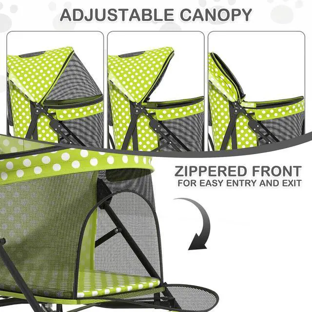 Alt view image 7 of 7 - 4 Wheels Pet Stroller, Easy-Fold Umbrella Shaped Dog Cat Jogger Stroller w/Storage Bag & Visible Mesh for Small/Medium Dogs Cats Lawn Green Polka Dots