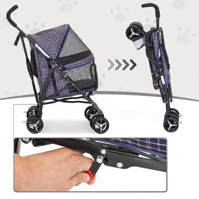 Alt view image 7 of 7 - 4 Wheels Pet Stroller, Easy-Fold Umbrella Shaped Dog Cat Jogger Stroller w/Storage Bag & Visible Mesh for Small/Medium Dogs Cats Plaid