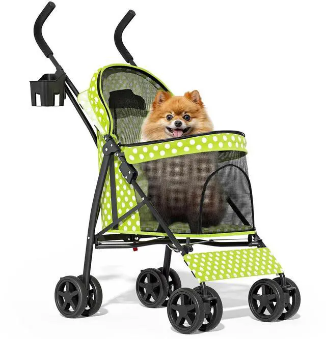 Main image of 4 Wheels Pet Stroller, Easy-Fold Umbrella Shaped Dog Cat Jogger Stroller w/Storage Bag & Visible Mesh for Small/Medium Dogs Cats Lawn Green Polka Dots