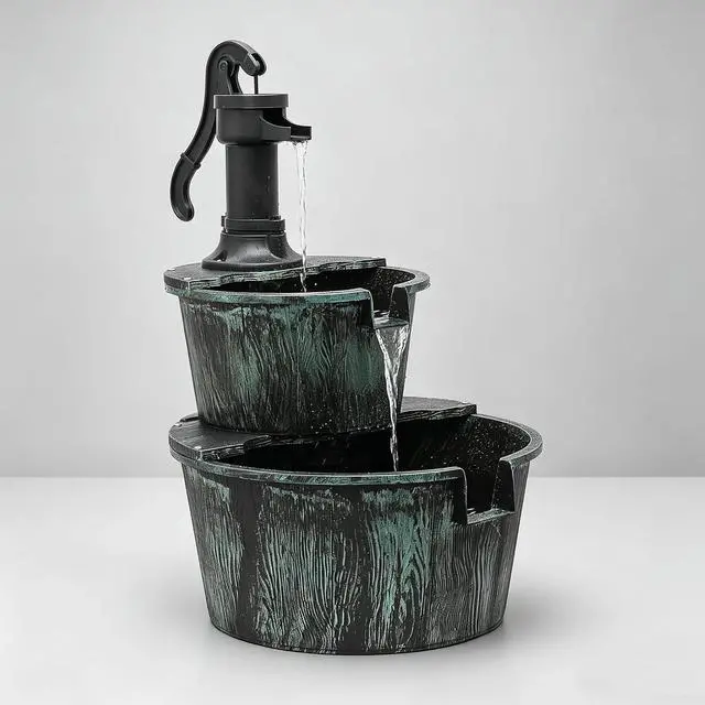 Main image of Outdoor Water Fountains, 27" Tall 2-Tier Barrel and Pump Waterfall Fountain and Pump for Outdoor Patio Garden Backyard Deck, 11L Water Capacity, Green