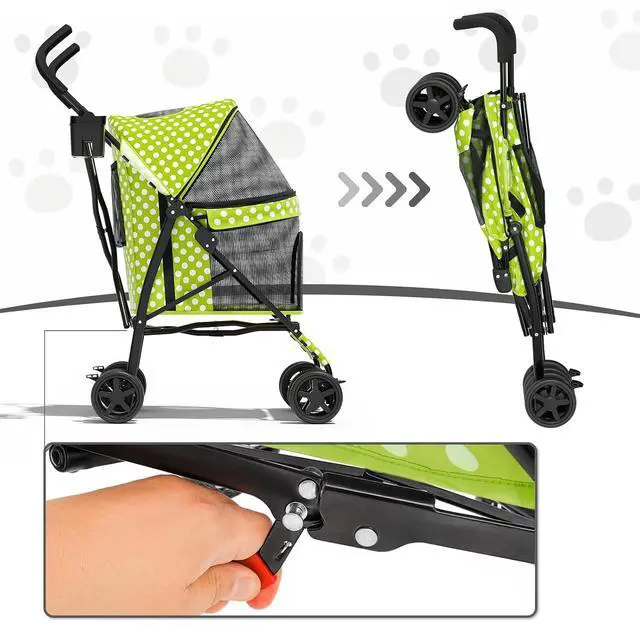 Alt view image 4 of 7 - 4 Wheels Pet Stroller, Easy-Fold Umbrella Shaped Dog Cat Jogger Stroller w/Storage Bag & Visible Mesh for Small/Medium Dogs Cats Lawn Green Polka Dots