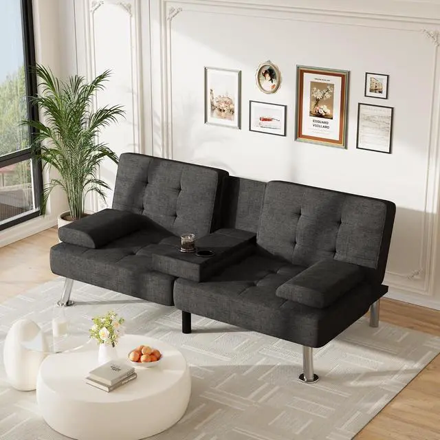Alt view image 2 of 7 - Futon Sofa Bed Adjustable Futon Couch Sleeper Sofa Bed for Living Room, Business Office, Recliner Sofas with Cup Holders (Fabric, Black)