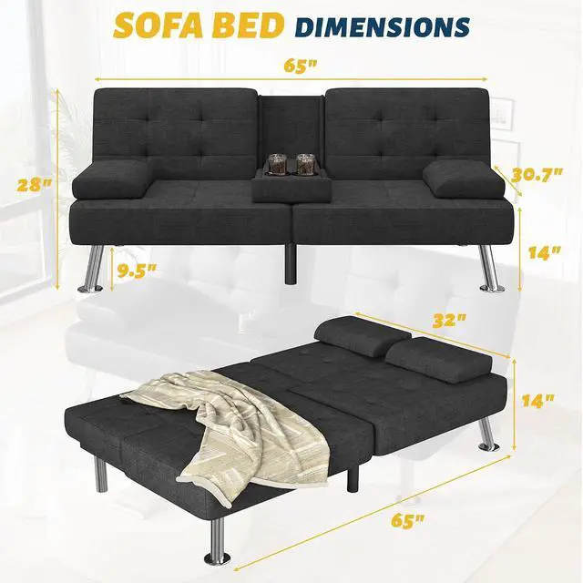 Alt view image 3 of 7 - Futon Sofa Bed Adjustable Futon Couch Sleeper Sofa Bed for Living Room, Business Office, Recliner Sofas with Cup Holders (Fabric, Black)