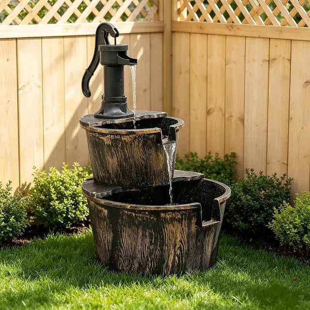 Alt view image 7 of 7 - Outdoor Water Fountains, 27" Tall 2-Tier Barrel and Pump Waterfall Fountain and Pump for Outdoor Patio Garden Backyard Decking, 11 L Water Capacity, Bronze