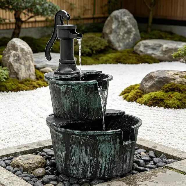 Alt view image 6 of 7 - Outdoor Water Fountains, 27" Tall 2-Tier Barrel and Pump Waterfall Fountain and Pump for Outdoor Patio Garden Backyard Deck, 11L Water Capacity, Green