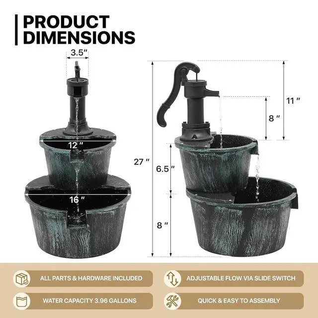 Alt view image 2 of 7 - Outdoor Water Fountains, 27" Tall 2-Tier Barrel and Pump Waterfall Fountain and Pump for Outdoor Patio Garden Backyard Deck, 11L Water Capacity, Green