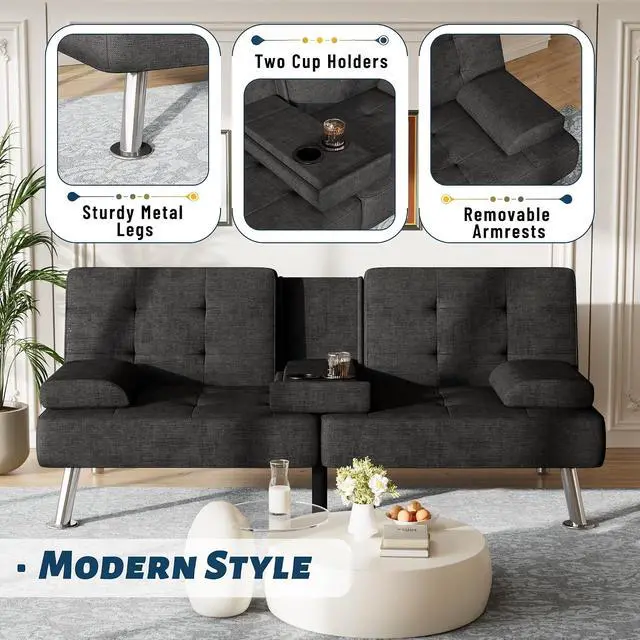 Alt view image 6 of 7 - Futon Sofa Bed Adjustable Futon Couch Sleeper Sofa Bed for Living Room, Business Office, Recliner Sofas with Cup Holders (Fabric, Black)