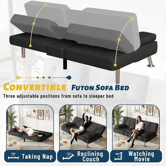 Alt view image 5 of 7 - Futon Sofa Bed Adjustable Futon Couch Sleeper Sofa Bed for Living Room, Business Office, Recliner Sofas with Cup Holders (Fabric, Black)