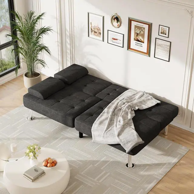 Alt view image 4 of 7 - Futon Sofa Bed Adjustable Futon Couch Sleeper Sofa Bed for Living Room, Business Office, Recliner Sofas with Cup Holders (Fabric, Black)