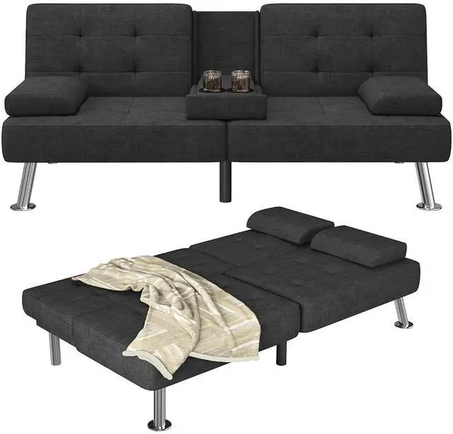 Main image of Futon Sofa Bed Adjustable Futon Couch Sleeper Sofa Bed for Living Room, Business Office, Recliner Sofas with Cup Holders (Fabric, Black)