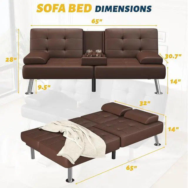Alt view image 3 of 7 - Futon Sofa Bed Adjustable Futon Couch Sleeper Sofa Bed for Living Room, Business Office, Recliner Sofas with Cup Holders (PU Leather, Brown)