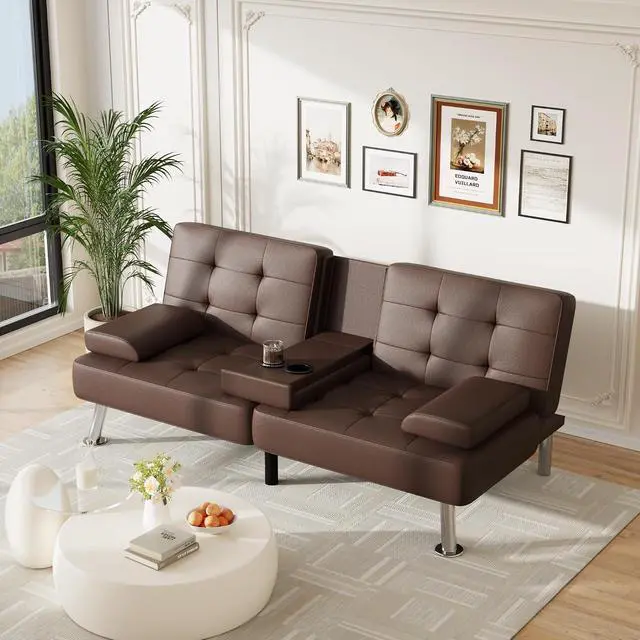 Alt view image 2 of 7 - Futon Sofa Bed Adjustable Futon Couch Sleeper Sofa Bed for Living Room, Business Office, Recliner Sofas with Cup Holders (PU Leather, Brown)