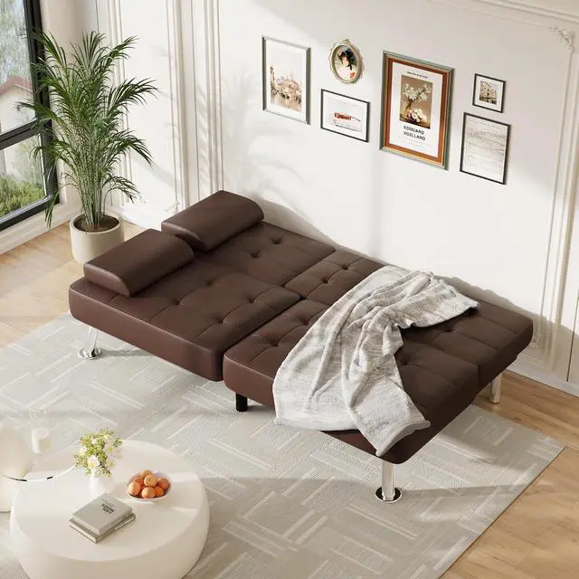Alt view image 4 of 7 - Futon Sofa Bed Adjustable Futon Couch Sleeper Sofa Bed for Living Room, Business Office, Recliner Sofas with Cup Holders (PU Leather, Brown)