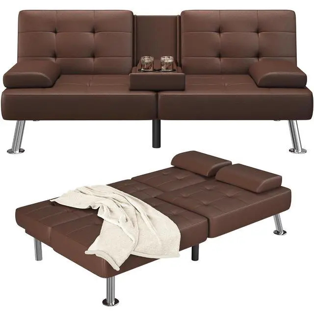 Main image of Futon Sofa Bed Adjustable Futon Couch Sleeper Sofa Bed for Living Room, Business Office, Recliner Sofas with Cup Holders (PU Leather, Brown)
