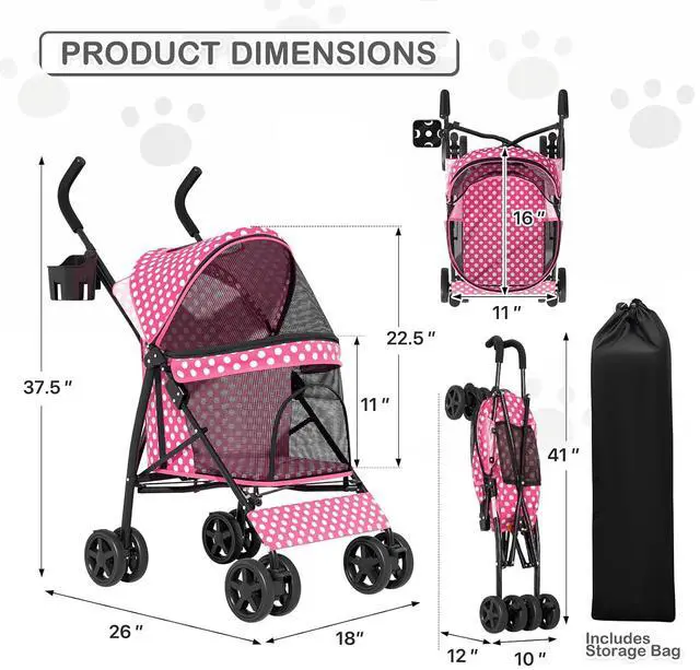 Alt view image 2 of 7 - 4 Wheels Pet Stroller, Easy-Fold Umbrella Shaped Dog Cat Jogger Stroller w/Storage Bag & Visible Mesh for Small/Medium Dogs Cats Hot Pink Polka Dots