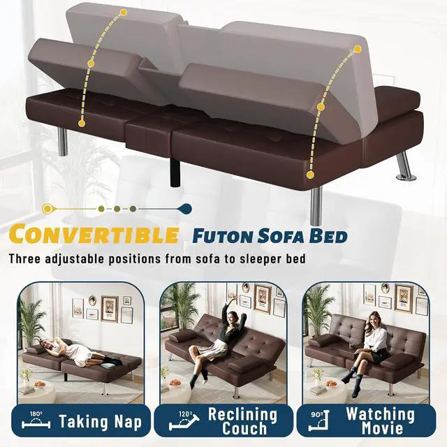 Alt view image 5 of 7 - Futon Sofa Bed Adjustable Futon Couch Sleeper Sofa Bed for Living Room, Business Office, Recliner Sofas with Cup Holders (PU Leather, Brown)