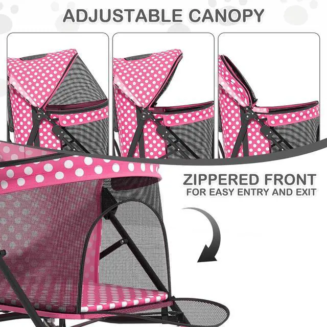 Alt view image 3 of 7 - 4 Wheels Pet Stroller, Easy-Fold Umbrella Shaped Dog Cat Jogger Stroller w/Storage Bag & Visible Mesh for Small/Medium Dogs Cats Hot Pink Polka Dots