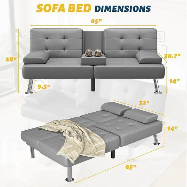 Alt view image 3 of 7 - Futon Sofa Bed Adjustable Futon Couch Sleeper Sofa Bed for Living Room, Business Office, Recliner Sofas with Cup Holders (PU Leather, Gray)