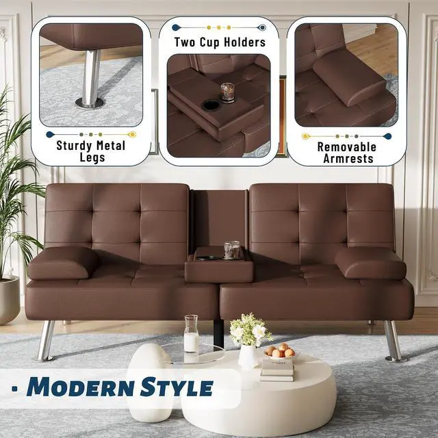 Alt view image 6 of 7 - Futon Sofa Bed Adjustable Futon Couch Sleeper Sofa Bed for Living Room, Business Office, Recliner Sofas with Cup Holders (PU Leather, Brown)