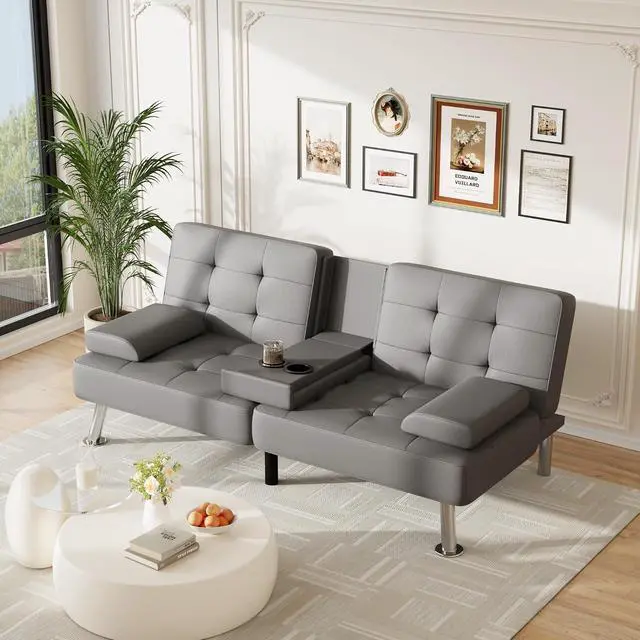 Alt view image 2 of 7 - Futon Sofa Bed Adjustable Futon Couch Sleeper Sofa Bed for Living Room, Business Office, Recliner Sofas with Cup Holders (PU Leather, Gray)