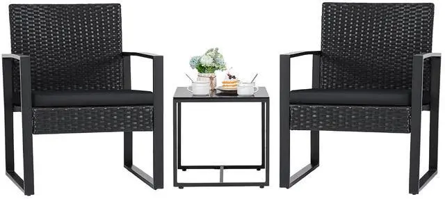 Main image of 3 Pieces Outdoor Patio Wicker Furniture Set, Modern Rattan Chair Conversation Sets with Coffee Table for Yard and Bistro (Black)
