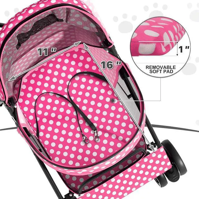 Alt view image 4 of 7 - 4 Wheels Pet Stroller, Easy-Fold Umbrella Shaped Dog Cat Jogger Stroller w/Storage Bag & Visible Mesh for Small/Medium Dogs Cats Hot Pink Polka Dots