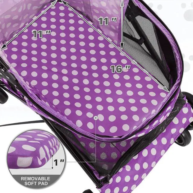 Alt view image 5 of 7 - 4 Wheels Pet Stroller, Easy-Fold Umbrella Shaped Dog Cat Jogger Stroller w/Storage Bag & Visible Mesh for Small/Medium Dogs Cats Purple Polka Dots