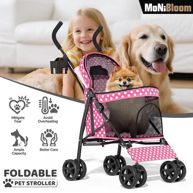 Alt view image 5 of 7 - 4 Wheels Pet Stroller, Easy-Fold Umbrella Shaped Dog Cat Jogger Stroller w/Storage Bag & Visible Mesh for Small/Medium Dogs Cats Hot Pink Polka Dots
