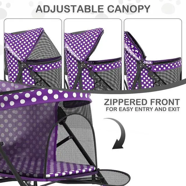 Alt view image 4 of 7 - 4 Wheels Pet Stroller, Easy-Fold Umbrella Shaped Dog Cat Jogger Stroller w/Storage Bag & Visible Mesh for Small/Medium Dogs Cats Purple Polka Dots
