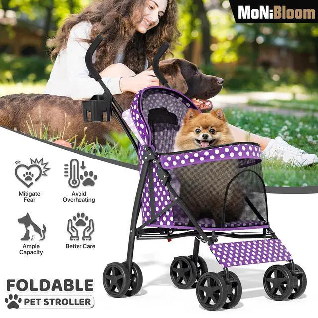 Alt view image 6 of 7 - 4 Wheels Pet Stroller, Easy-Fold Umbrella Shaped Dog Cat Jogger Stroller w/Storage Bag & Visible Mesh for Small/Medium Dogs Cats Purple Polka Dots