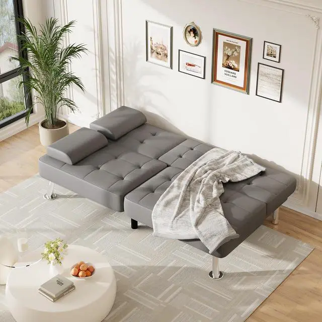 Alt view image 4 of 7 - Futon Sofa Bed Adjustable Futon Couch Sleeper Sofa Bed for Living Room, Business Office, Recliner Sofas with Cup Holders (PU Leather, Gray)