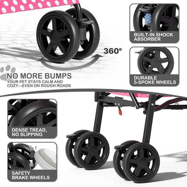 Alt view image 7 of 7 - 4 Wheels Pet Stroller, Easy-Fold Umbrella Shaped Dog Cat Jogger Stroller w/Storage Bag & Visible Mesh for Small/Medium Dogs Cats Hot Pink Polka Dots