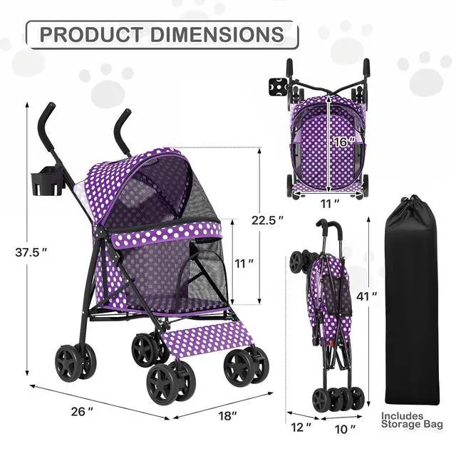 Alt view image 2 of 7 - 4 Wheels Pet Stroller, Easy-Fold Umbrella Shaped Dog Cat Jogger Stroller w/Storage Bag & Visible Mesh for Small/Medium Dogs Cats Purple Polka Dots